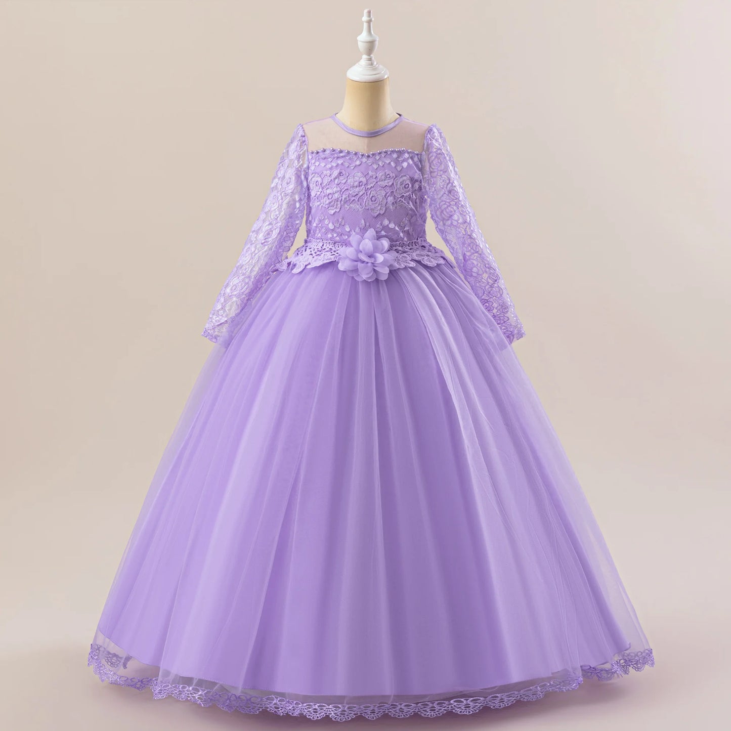 Long Sleeve White Bridemaid Girl Party Dresses Wedding Costume Bow Lace