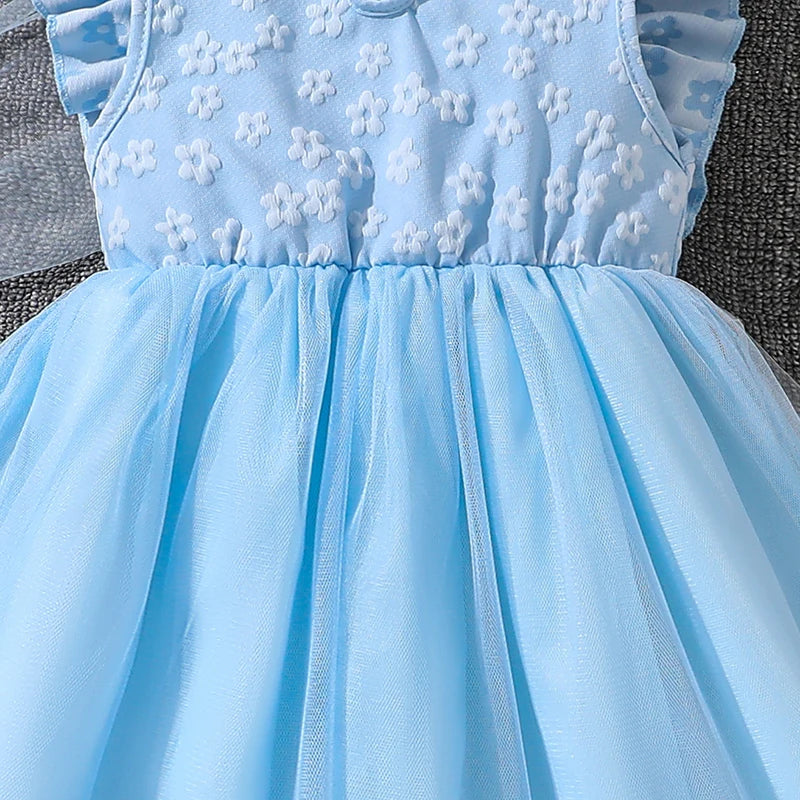 Dress For Girls Yellow O-Neck Fly-Sleeve Tulle Bowknot