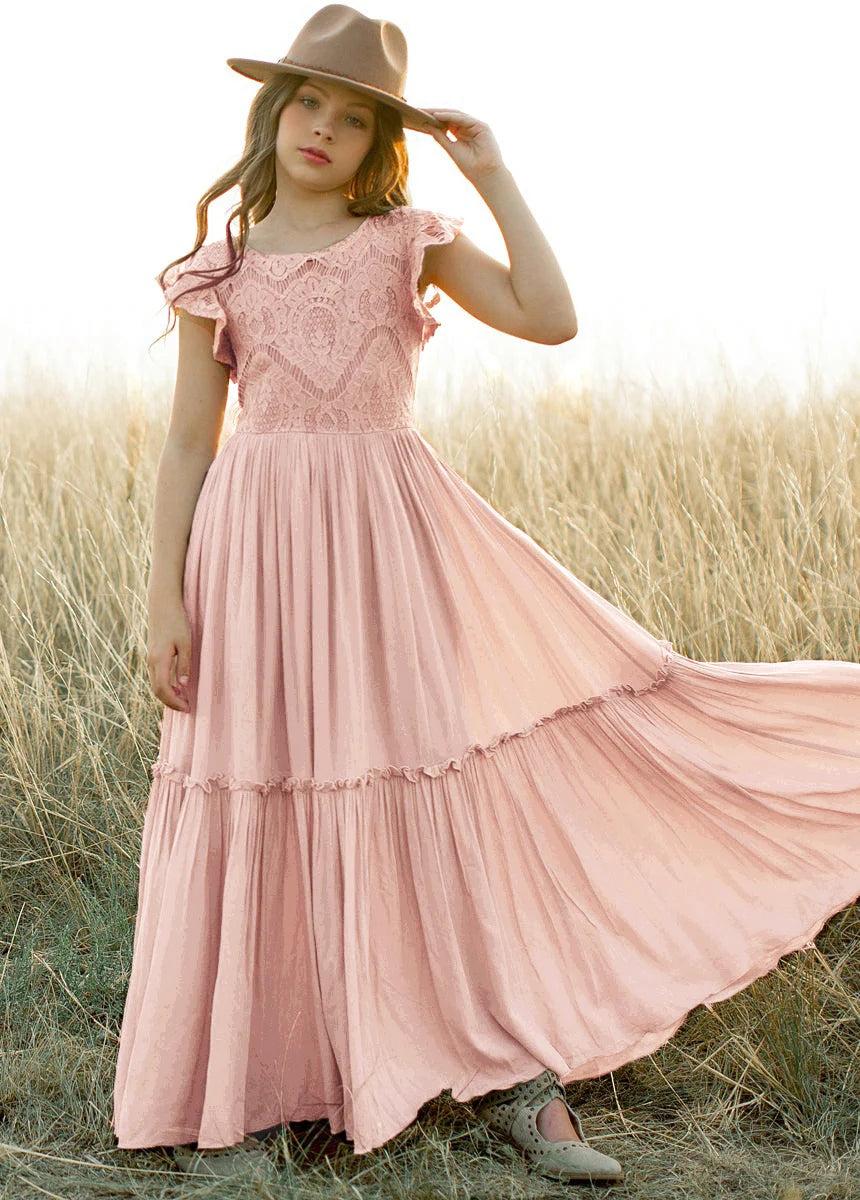 Girls Lace Bohemia Long Dresses Baby Kids Flower Wedding Princess Dress