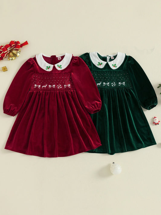 Toddler Red Plaid Christmas Dress with Bow and Reindeer Embroidery