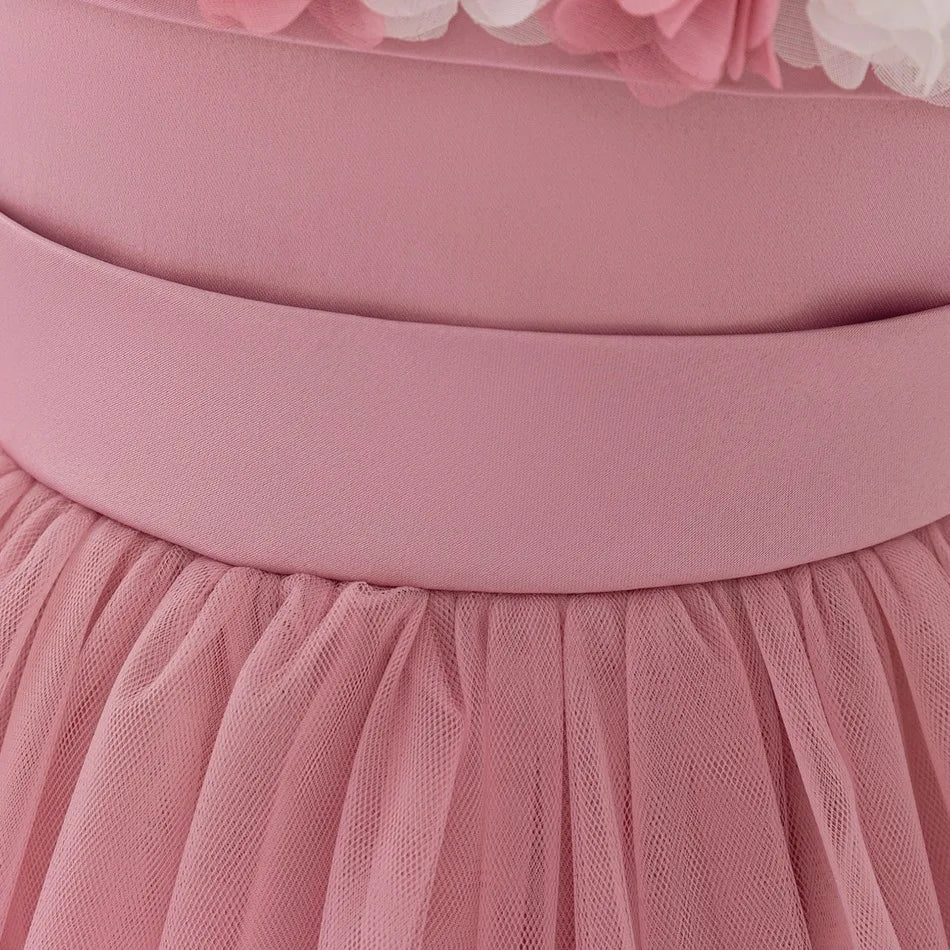 New Baby Girls 1st Princess Dress Infant Three-dimensional Flower One-word Shoulder Mesh Dress Baby Girl Performance Dress ASQ03