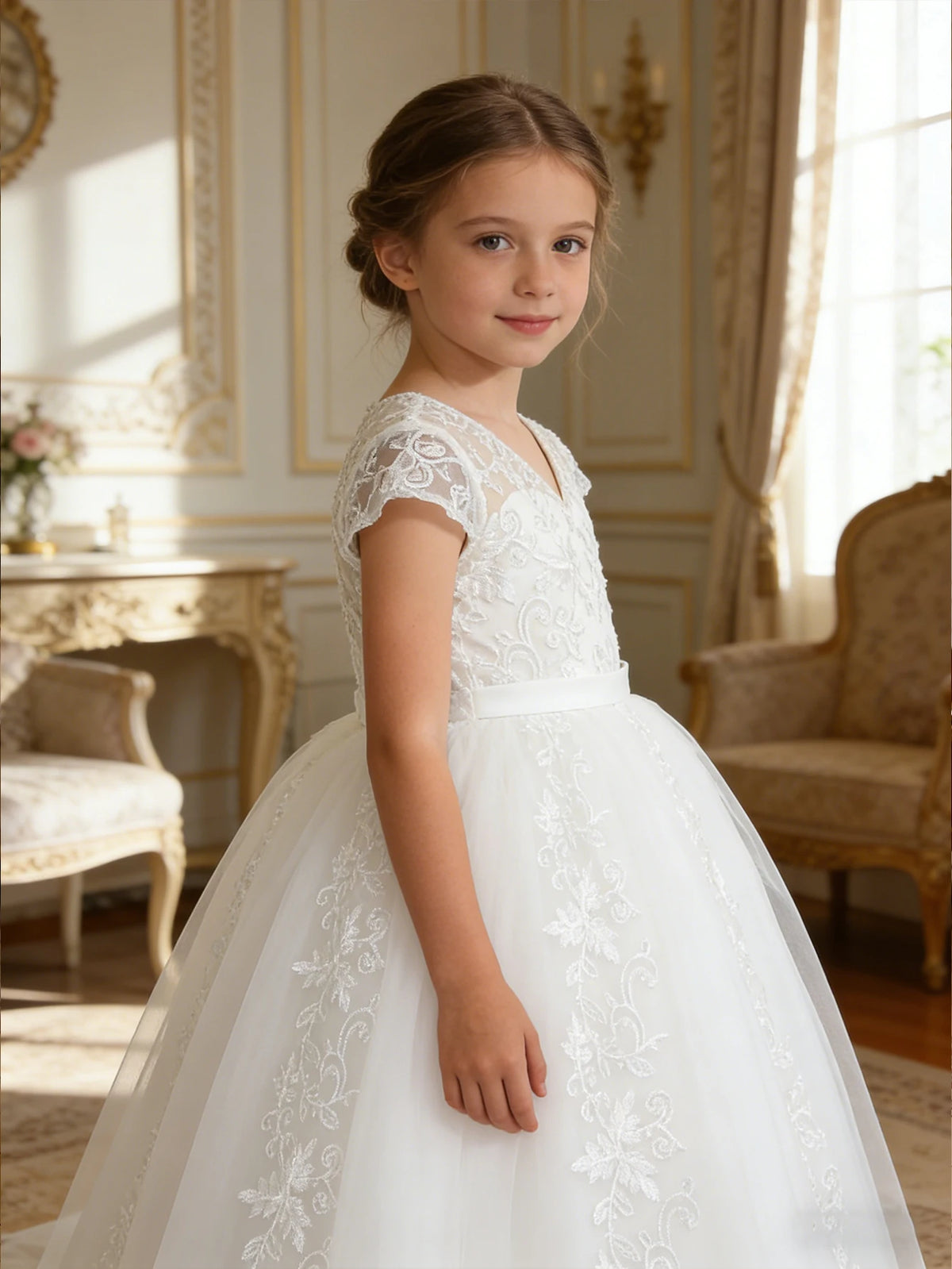 Girls V-Neck Lace Embroidered Flower Girl Dress