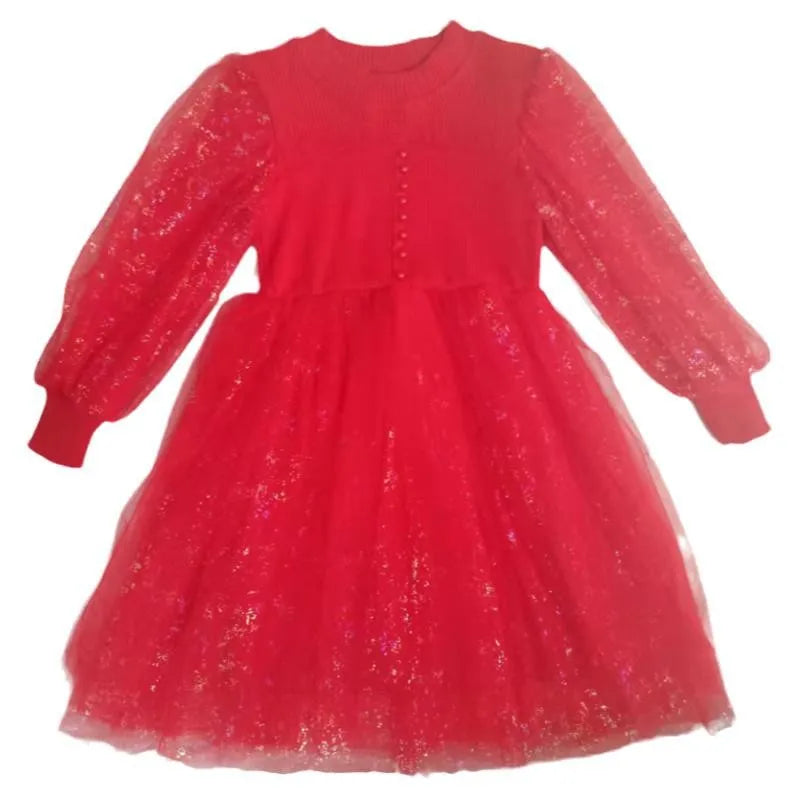 2026 spring  Teens Girls white Cloth long sleeve party knitted mesh lace layered  dress