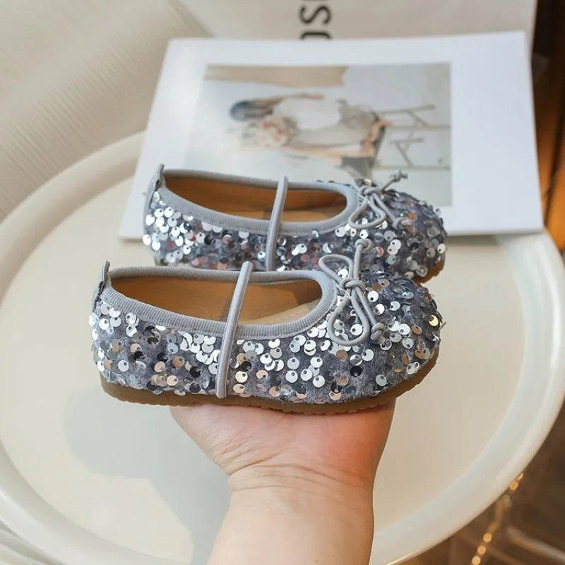Girls' Shoes 2025 Spring New Fashion Little Girl Sequin Princess Shoes Soft Sole Girls' Shallow Mouth Single Shoes Breathable