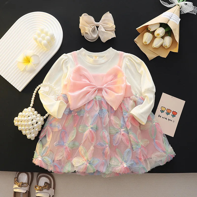 Baby Girl Dress Spring And Autumn Mesh Flower Bow Girl Princess Dress