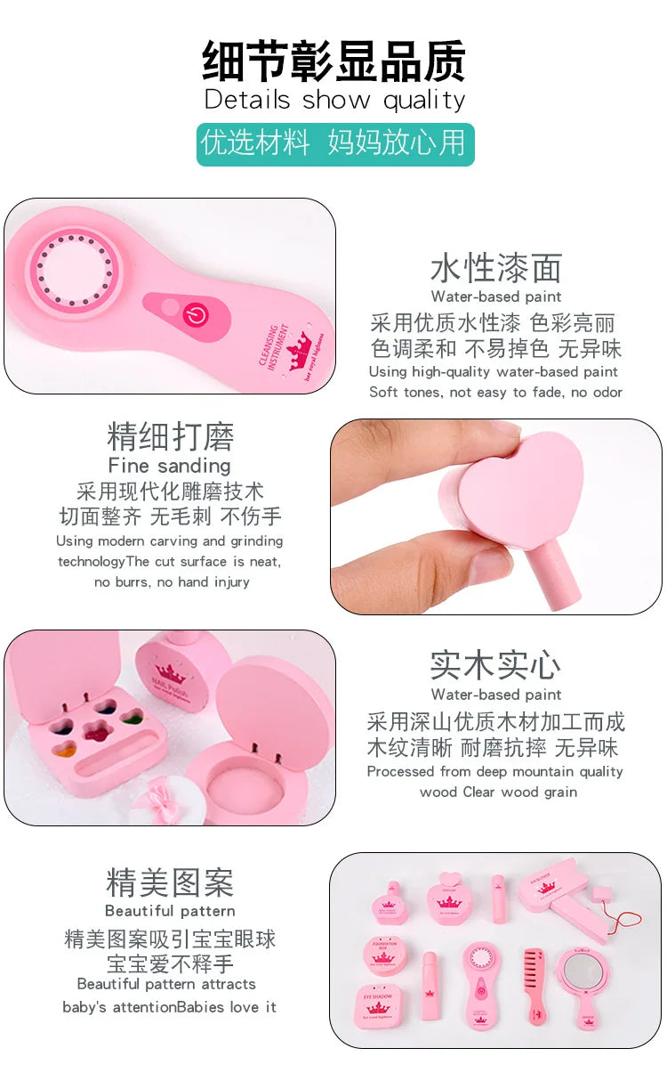 New Wooden Girls Makeup Set Pink Make Up Bag Toy Wood Simulation Cosmetic Handbag Pretend Play Toys For Girl Gifts Pretend Play