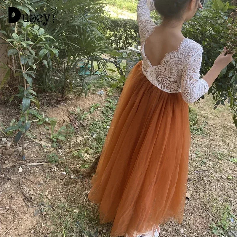 Elegant Burnt Orange Lace Tulle Dress for Flower Girls Bridesmaid Wedding