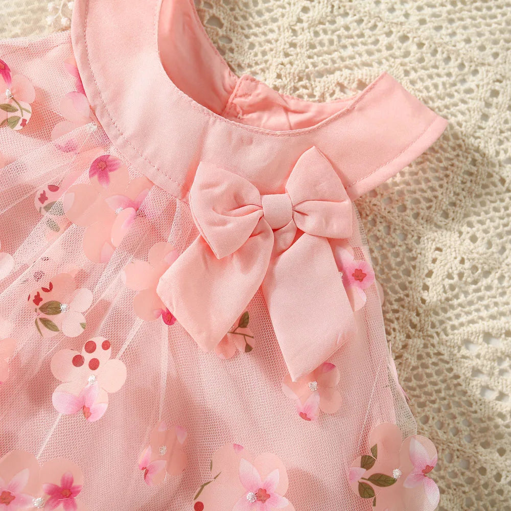 (0-3 Years Old) Summer Mesh All Over Flower Bow Baby Girl Dress
