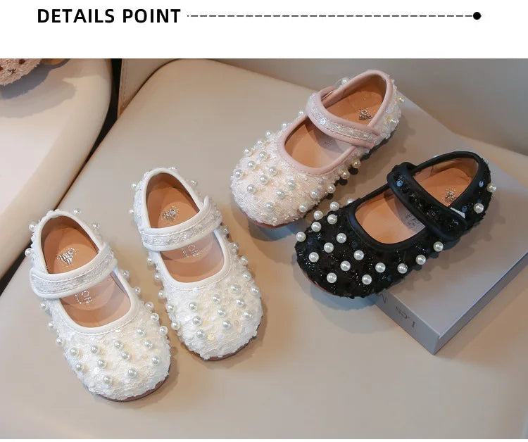 Girls Dance Shoes Elegant Round Toes Kids Flat Shoes Non-slip Soft Sole 2025 New Girls Princess Shoes with Sweet Pearl Ins Trend
