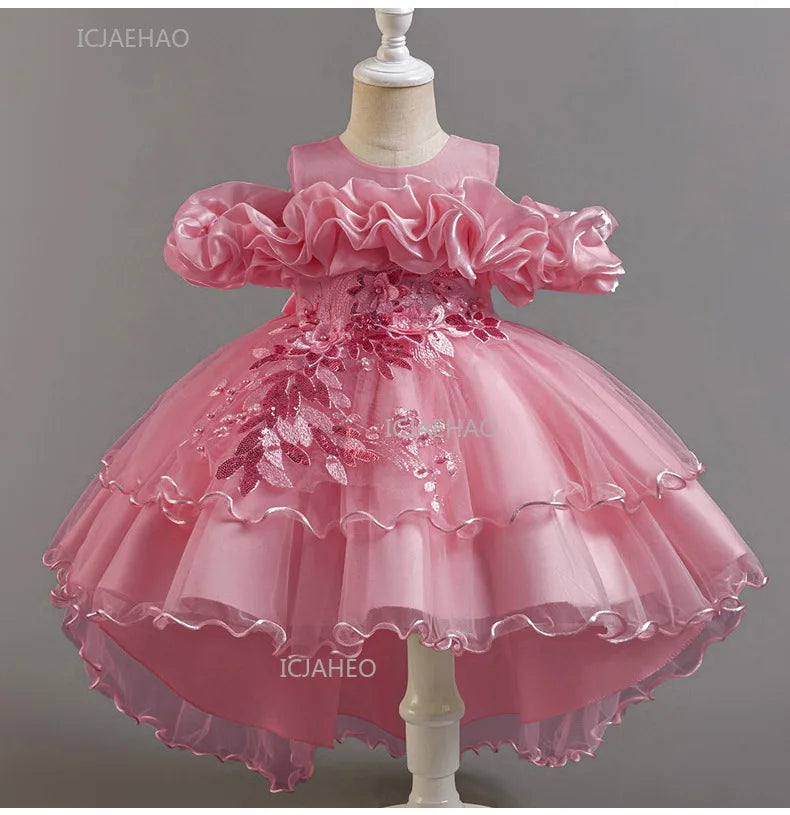 Girls Flower Girl Dress with Train Tulle Princess Gown Christmas Birthday Party Pageant Formal Dresses Kids Children Clothing
