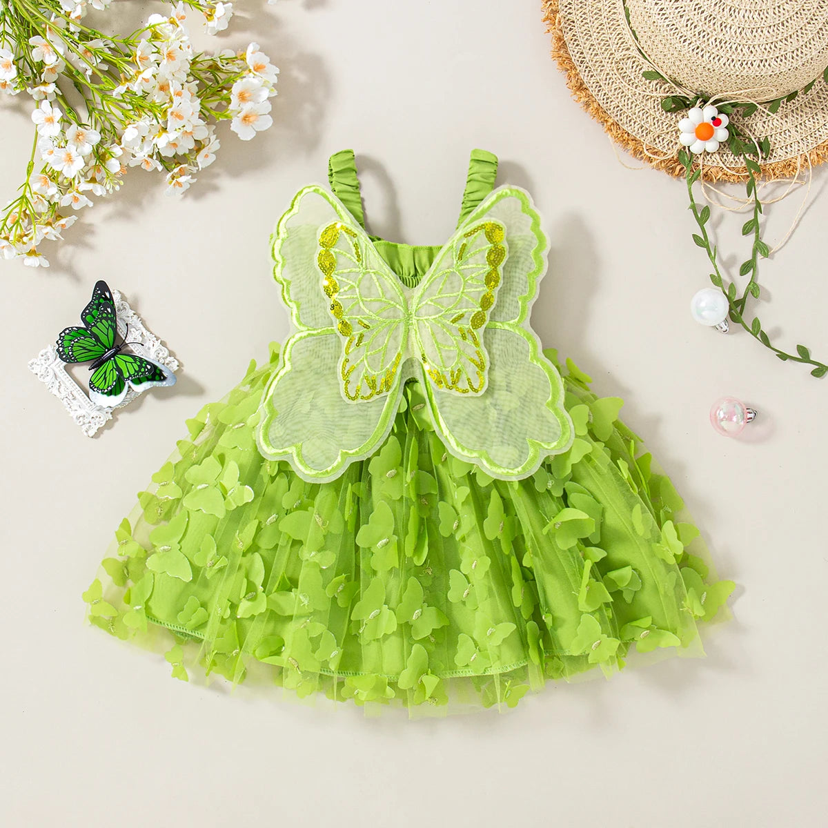 Summer New Baby Girl Suspender Dress Solid Color Butterfly Wing Party Dress