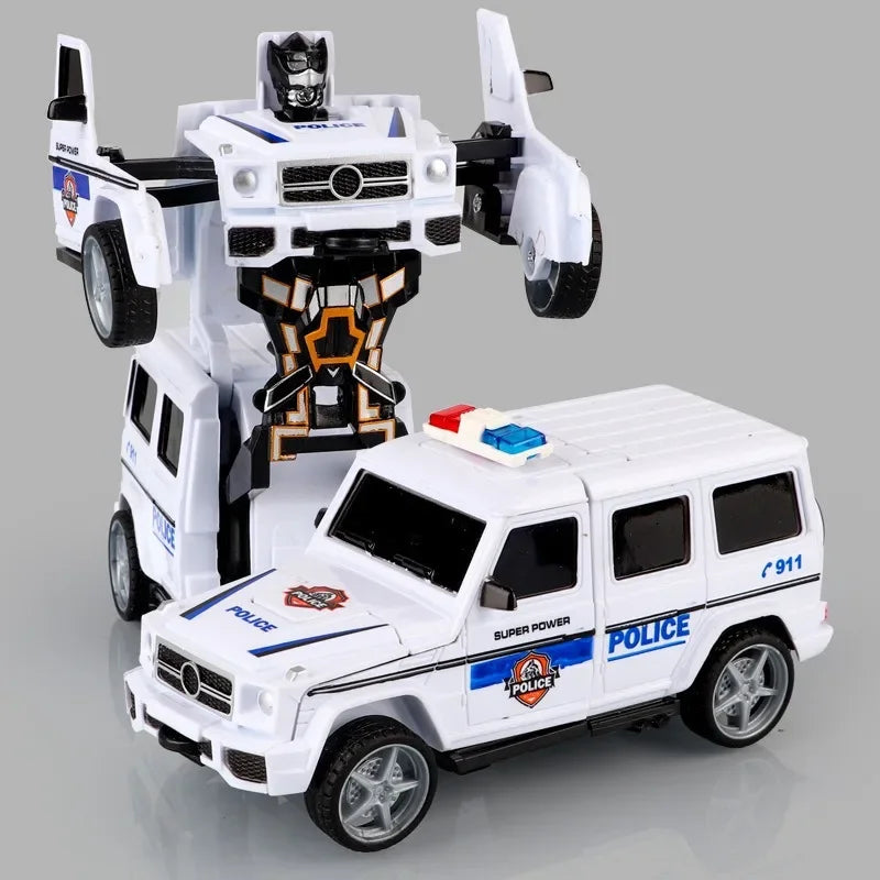 2 In 1 Car Toys Children's Collision Automatic Deformation Police Car Toy Boy Inertia Impact One-Button Transform CarRobot Model
