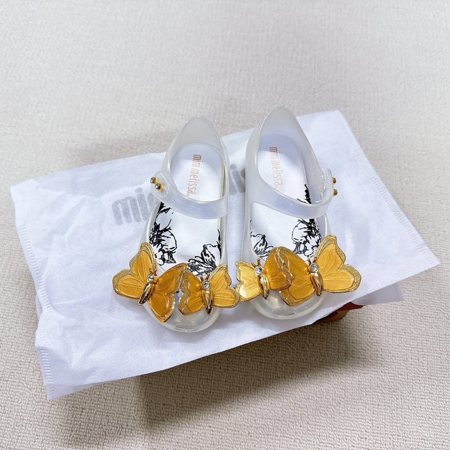 Children's Fashion Shoes Pink Metal Sequins Three-dimensional Butterfly Rhinestone Jelly Girls' Beach Sandals Trendy Shoes
