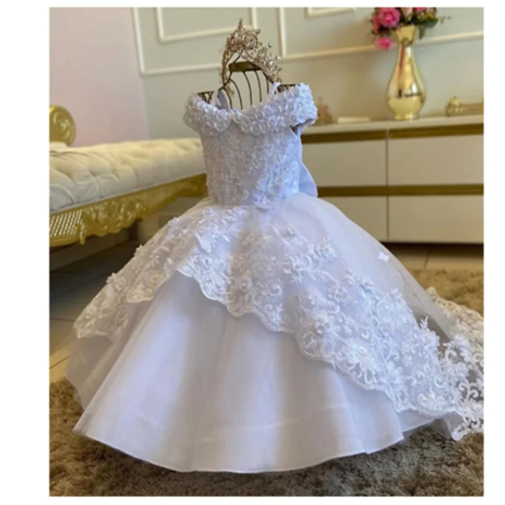 Baby Girls Dresses Off Shoulder Pearls Lace Butterflies Flower Princess Dress