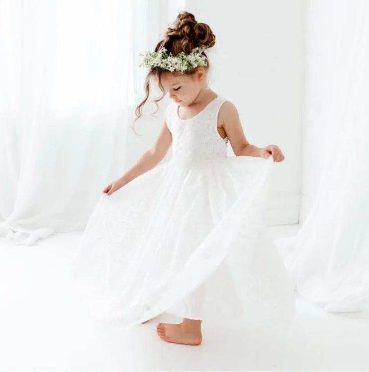Girls Fashion Open Back Princess Dress 3-12 Years Old New Mesh Lace Long Dress