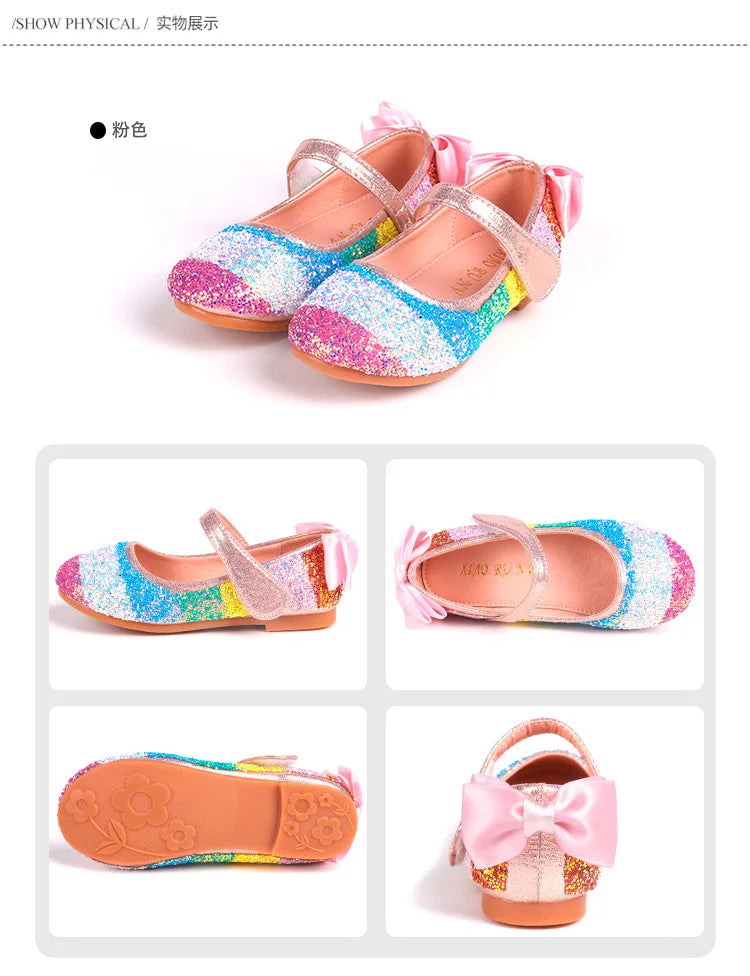 Girl Shoes Spring New Girls Soft Sole Leather Shoes Rainbow Sequins Dress Princess Shoes Kids Shoe Mary Jane Shoe Zapatos Niña