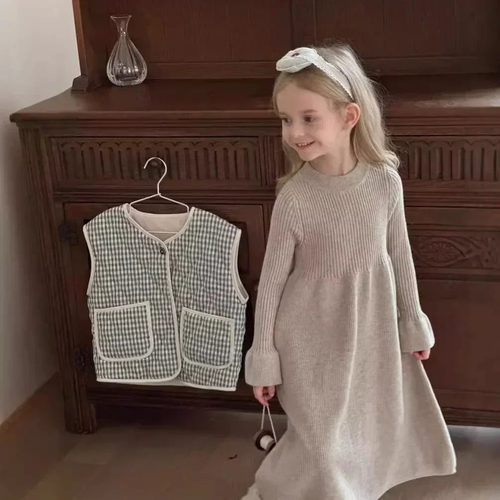 4950-1 Girls Dress 2024 Autumn and Winter New Korean Children's Solid Color Princess Dress