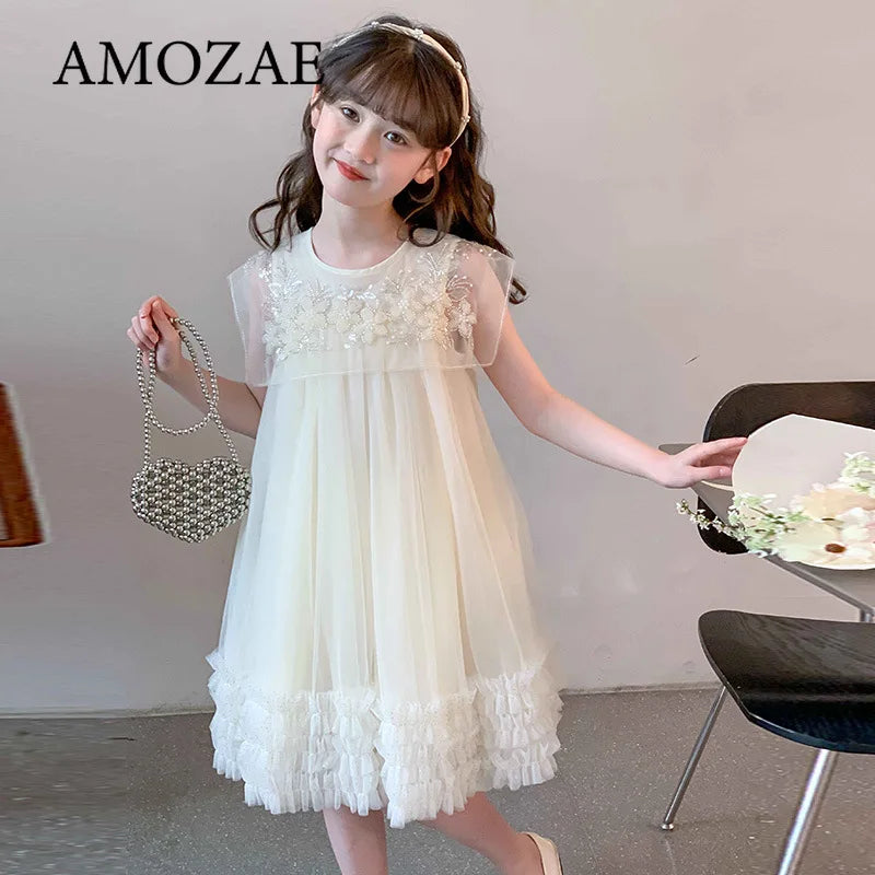 Summer Dress for Girls with Flying Sleeves Three-dimensional Flower Mesh
