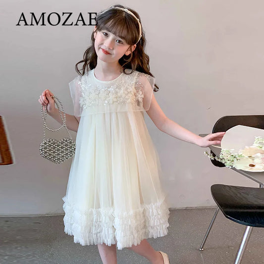 Summer Dress for Girls with Flying Sleeves Three-dimensional Flower Mesh