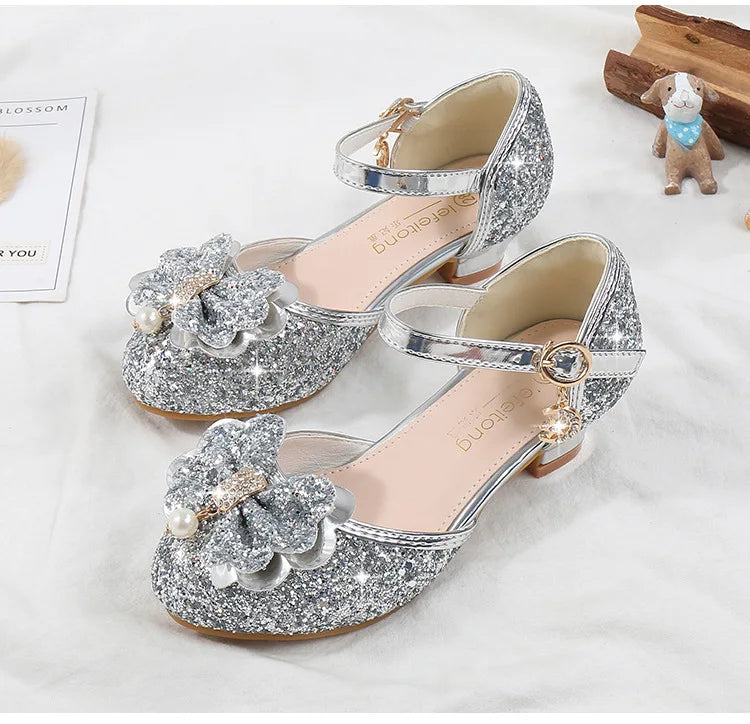 Girls' High Heels Fashion New Sequin Bow Shoes Children's Dance Single Shoes