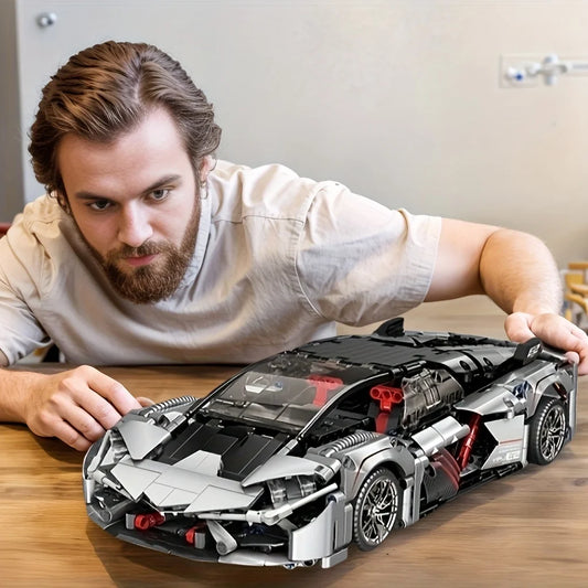 Silver Super Future Sports Car Assembly Building Blocks Toy Set, 1000+ pieces, vehicle/racing car/car model gift.