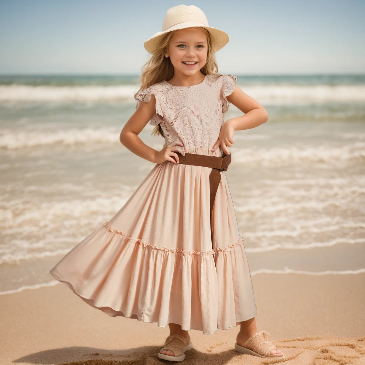 Girls Lace Bohemia Long Dresses Baby Kids Flower Wedding Princess Dress