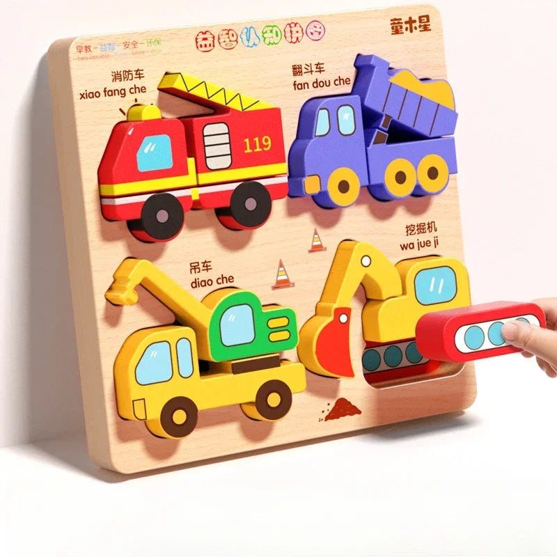 Montessori Cartoon 3D Wooden Puzzle Animal Traffic Jigsaw Toys
