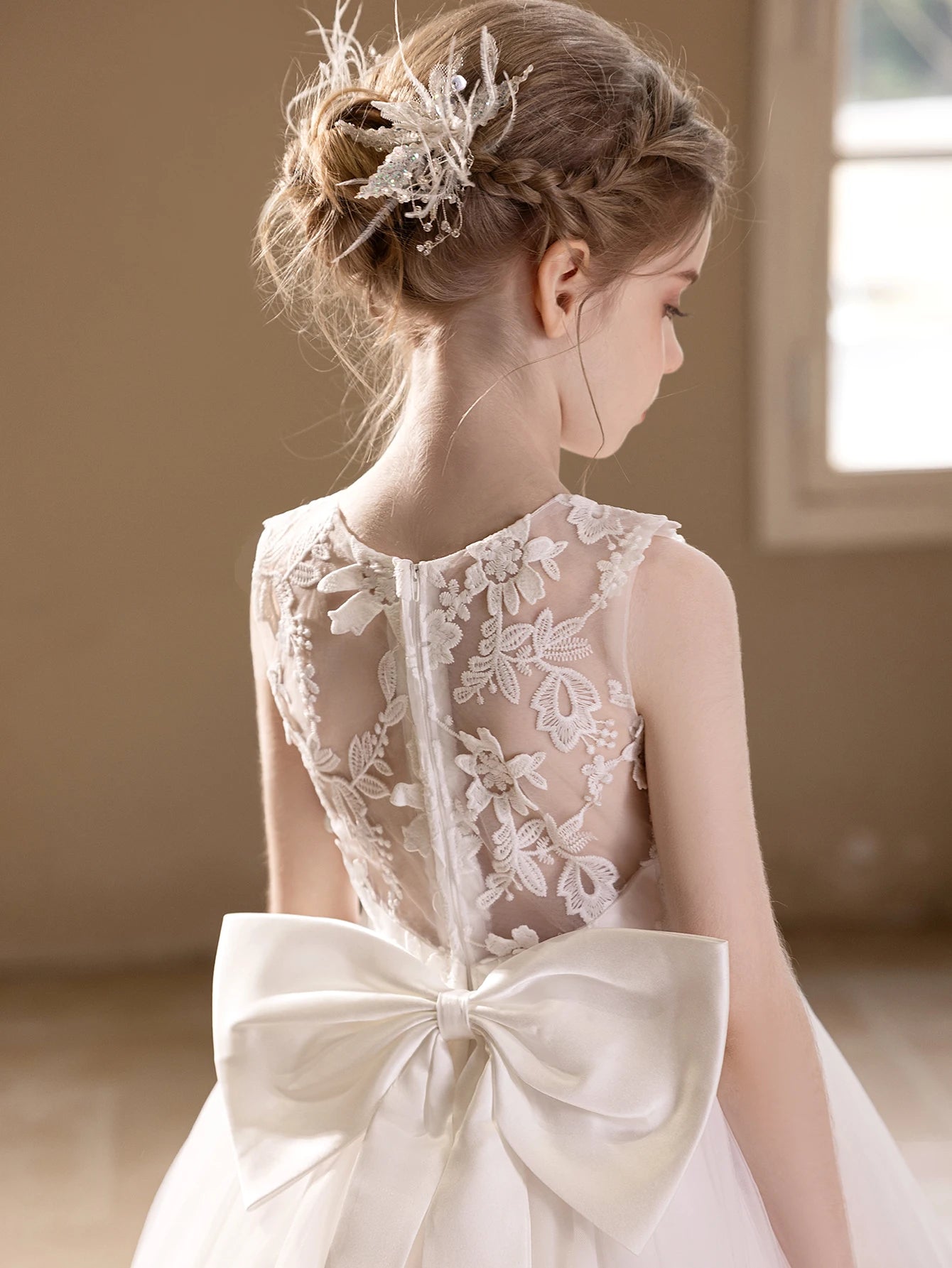 Teen Girls White Wedding Gauze Dress Lace Embroidery Big Bow  Dress