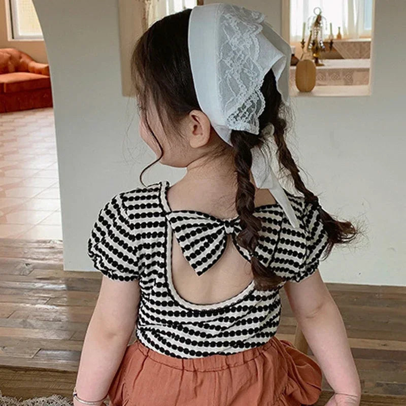 Carlota Kids Striped Puff  Fashion Bowknot Backless Children Clothing
