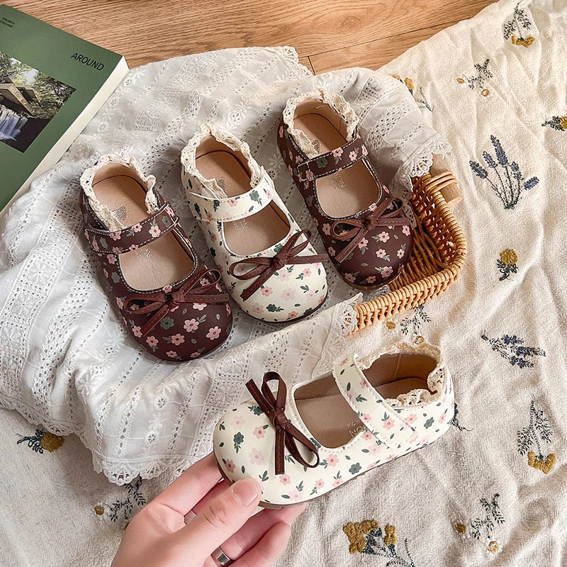 Spring Girl's Princess Shoes Floral Adorable Versatile Kids Flat Shoe Round Toe Soft Comfy Trendy Children Mary Janes 21-32