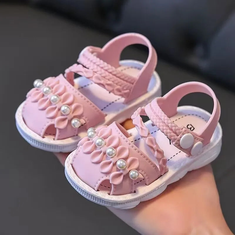 Summer Girls Sandals Cute Bow Pearl Bead Baby Girl Shoes Soft Bottom Toddler Sandals