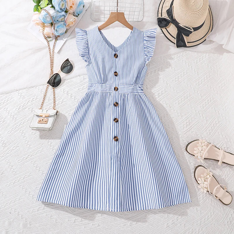4-7 Years Girl Dress Summer New Stripe Ruffled Sleeveless V-Neck Dress