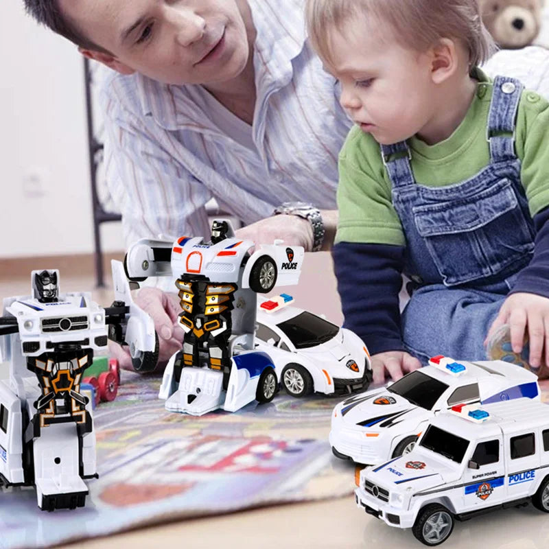 2 In 1 Car Toys Children's Collision Automatic Deformation Police Car Toy Boy Inertia Impact One-Button Transform CarRobot Model