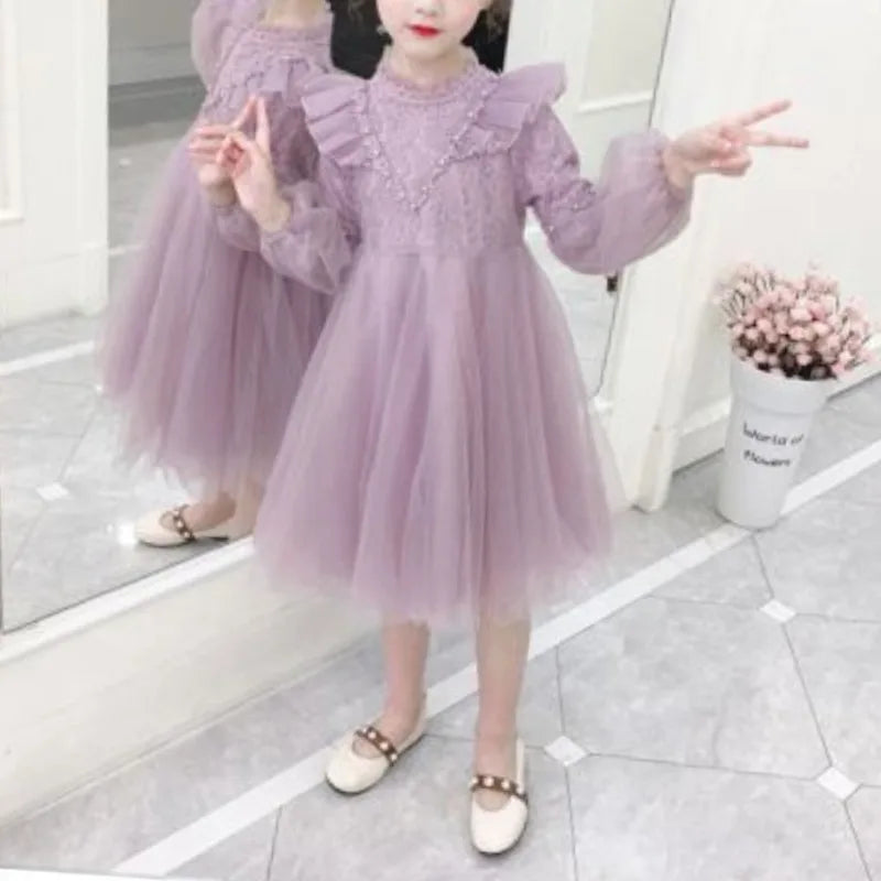 2023Girls' Autumn Winter New Fashion Half High Neck Long Sleeve Solid Color Dress