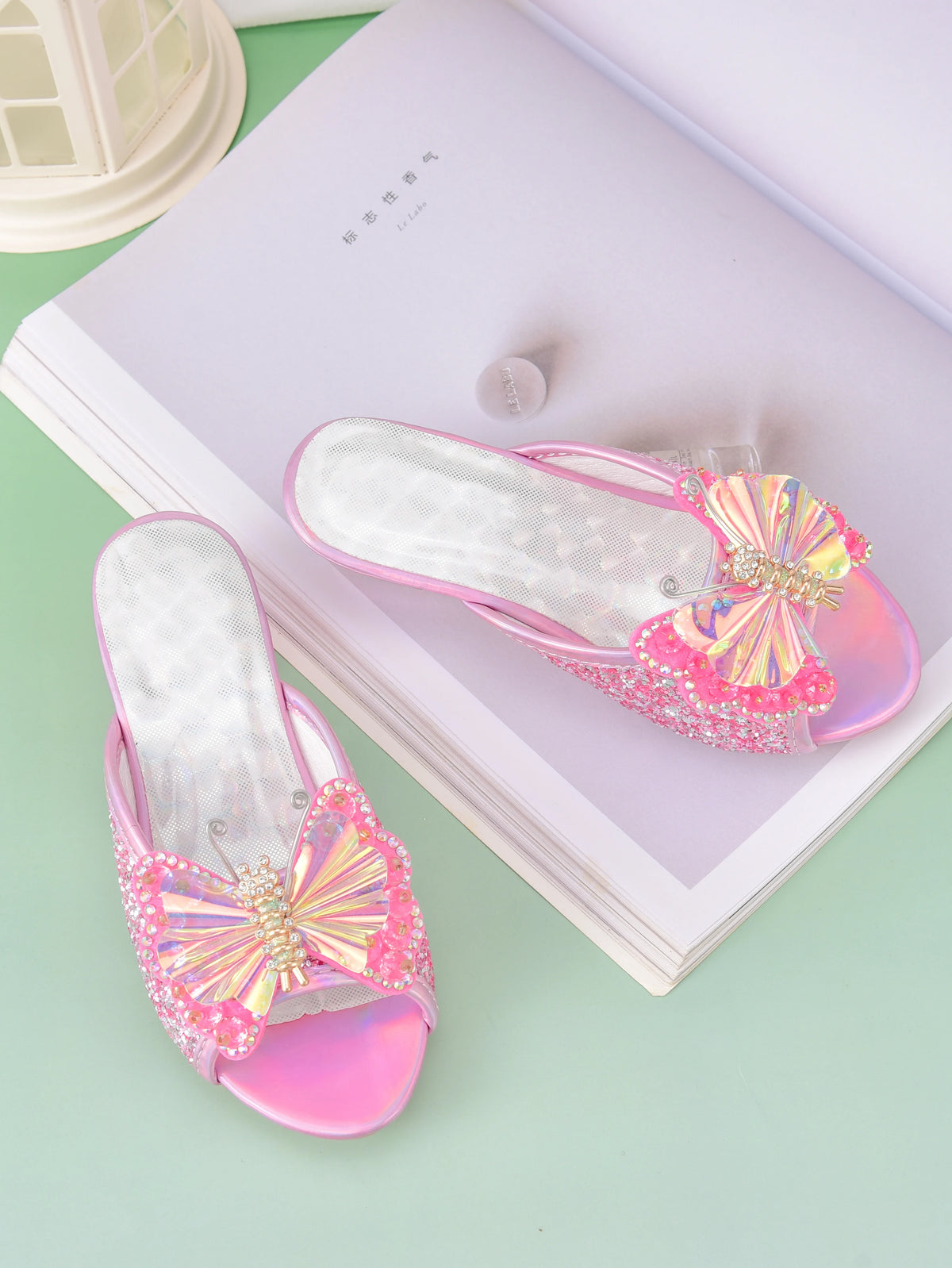 Girl's princess high-heeled slippers with bow and crystal design, children's shoes