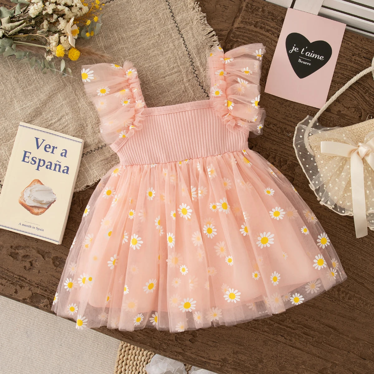 Baby Girl Dress Fashion Daisy Print Mesh Princess Dress Soft Comfortable Baby Outing Dress