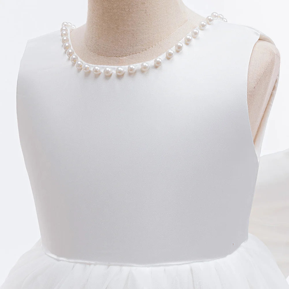 Girls Elegant White Communion Party Dress For Toddler Kids  Sleeveless Princess Tulle Dress