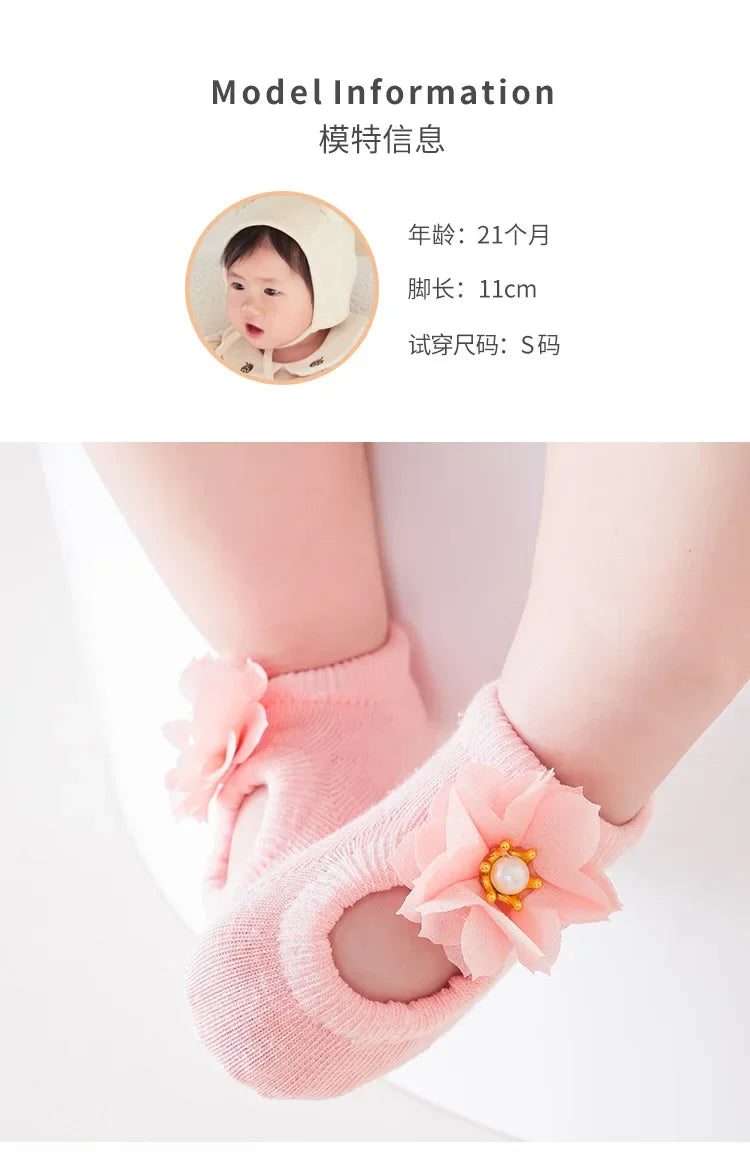 3 Pair Baby Girl Ankle Socks Lace Bow Infant Anti Slip Socks Newborn Princess Pearl Low Cut Socks Children Home Floor Shoes