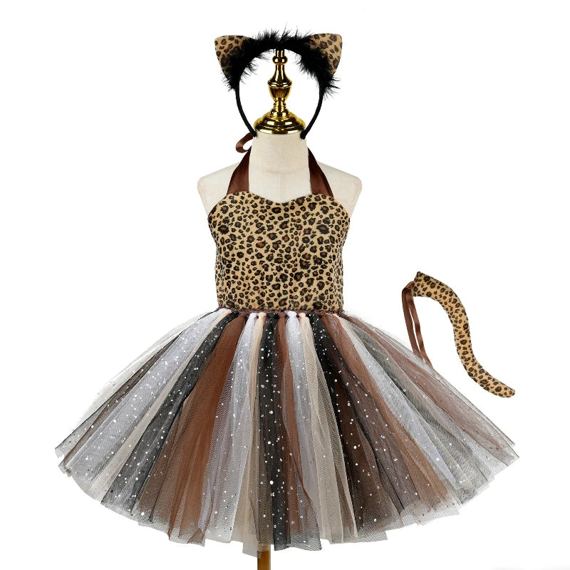 Girl's Halloween Stage Performance Costume Leopard Animal Roleplay Outfit  Children's Dress