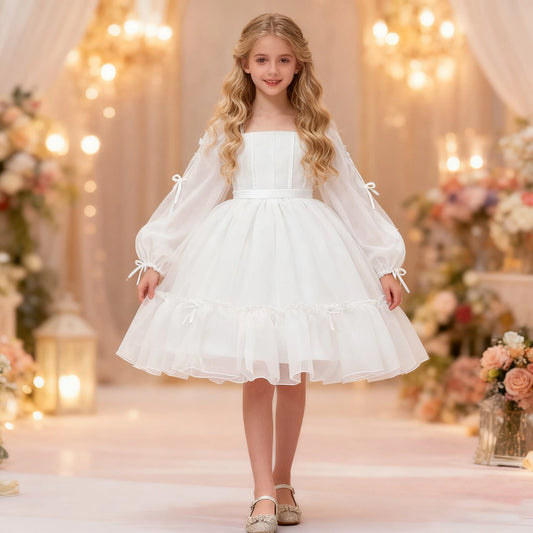 Elegant White Bridesmaid Prom Girls Dresses Gala Wedding Gown Bow Birthday Party Dress