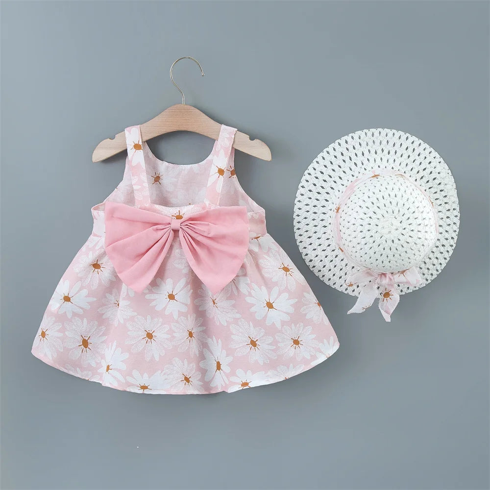 Baby Girl Dress Summer Bow And Full Print Daisy Pattern Suspender Beach Baby Dresses