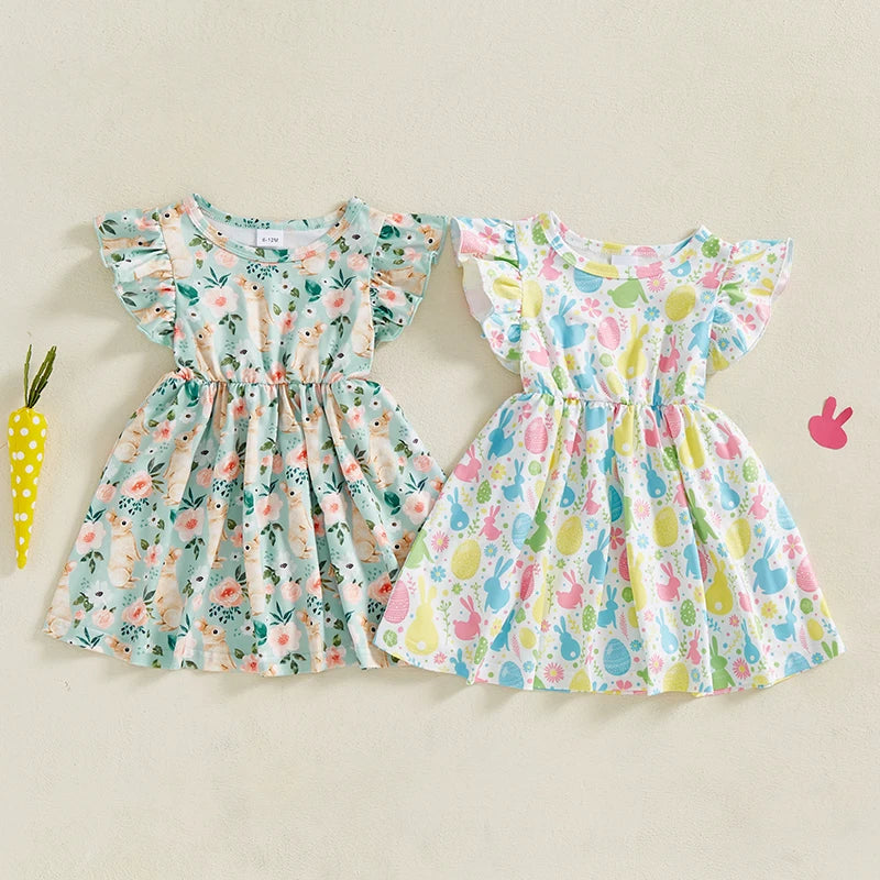 Tess Toddler Girl Easter Dress with Floral Bunny Print