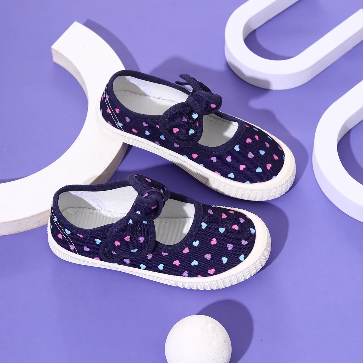 Girls' Canvas Shoes, Casual Sneakers with Cute Bow and Velcro Print, Wide Design Suitable for Indoor and Outdoor Wear in All Seasons