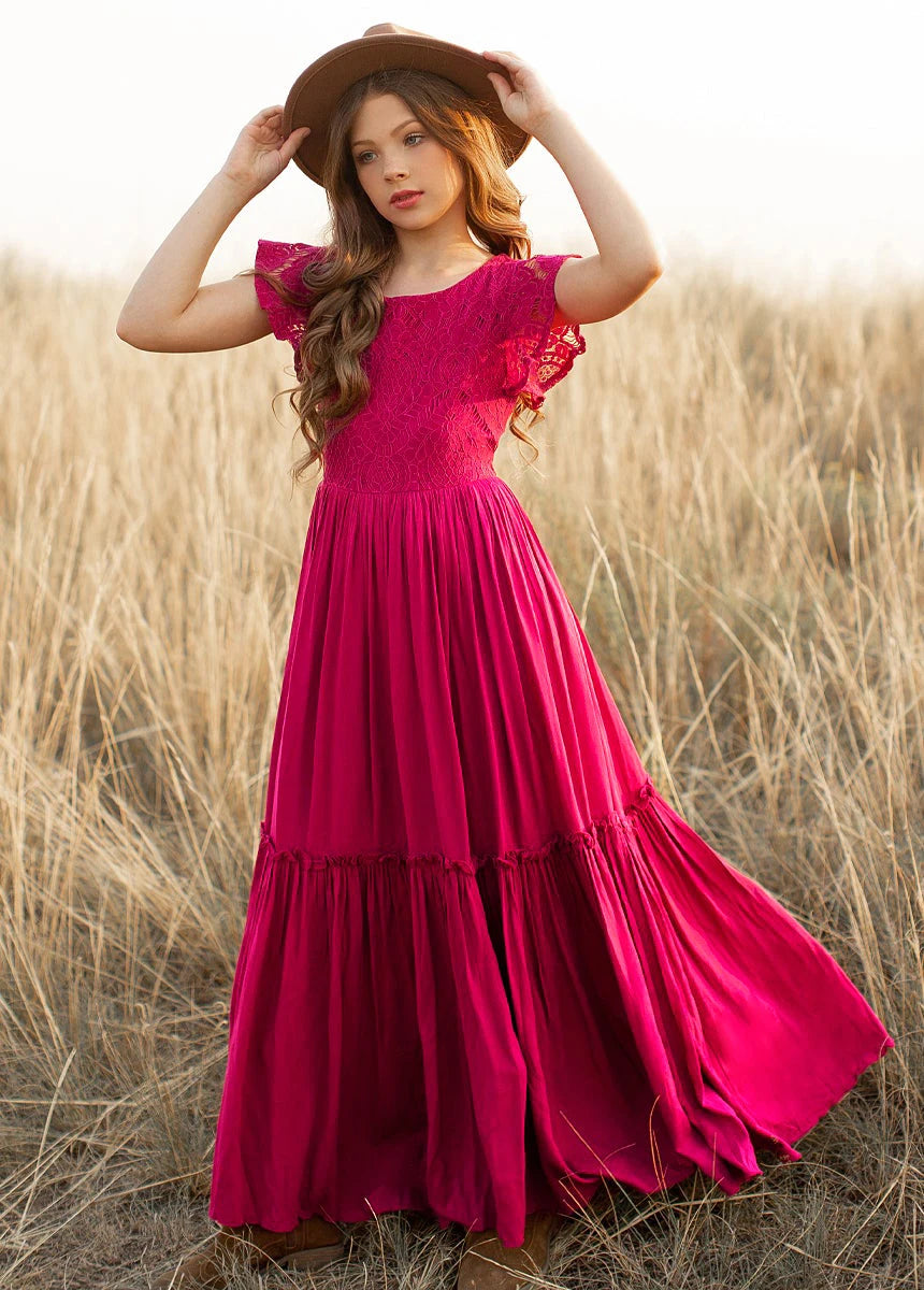Girls Lace Bohemia Long Dresses Baby Kids Flower Wedding Princess Dress