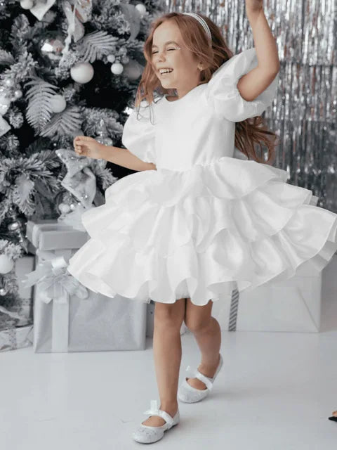 Girls Creamy-white Bow Short Sleeve Wedding Birthday Party Dress