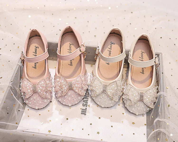 Autumn Fashion Pearl Bow Rhinestone Little Girl Shoes Flat Heels Kids Princess Shoes