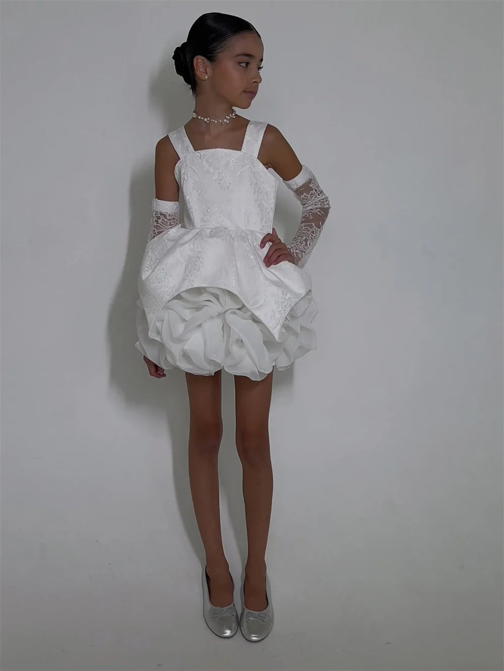 Lace Flower Girl Dress Puff Girls Party Dresses for Wedding Full Sleeves Satin Dress