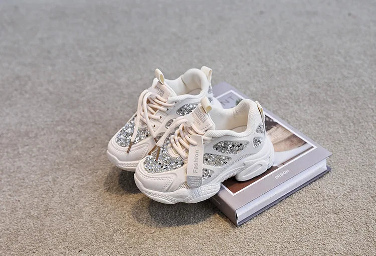 2022 Spring Fashion Women Sneakers Kids Toddler Girl Shoes Rhinestones Glittering Childen Outdoor Leisure Sports White Shoes Red