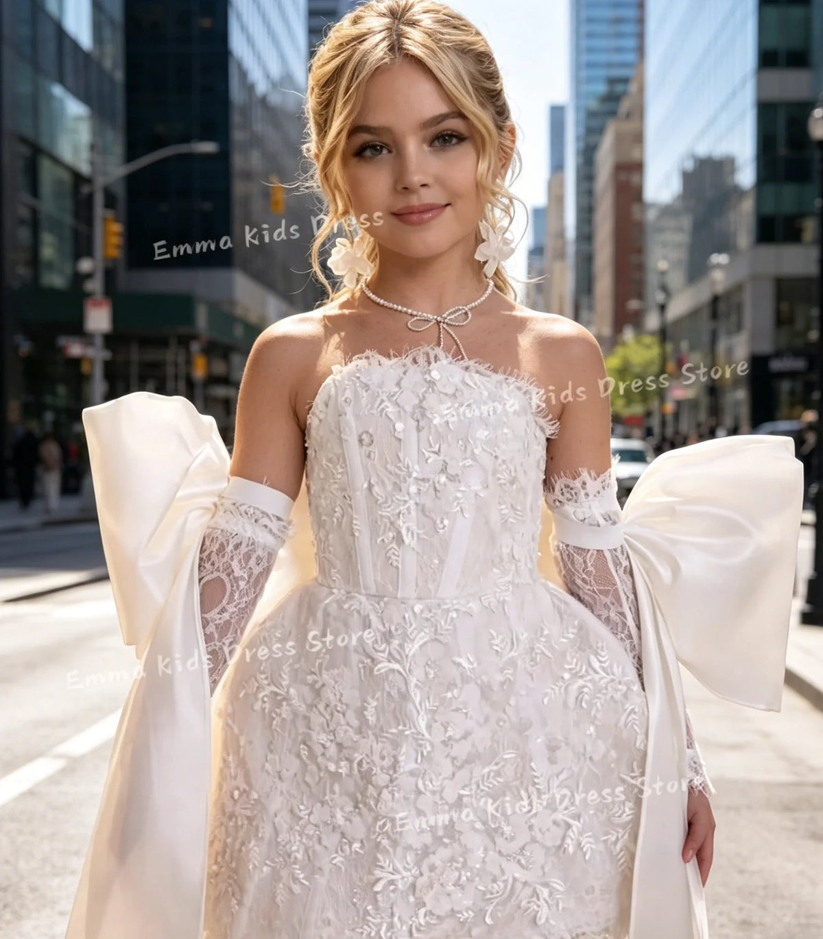 Custom Flower Girl Dress White Tulle Wedding Floral Appliqué Multi-layer Sleeveless Dress