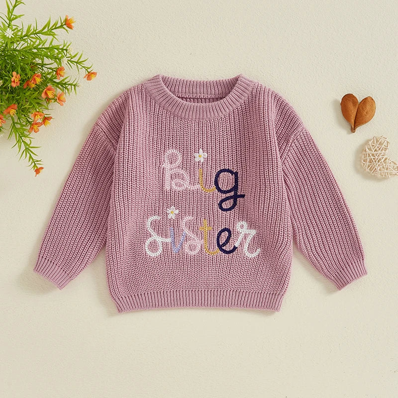 Nahiomy Girls Big Sister Fall Winter Sweater Casual Letter Flower Embroidery
